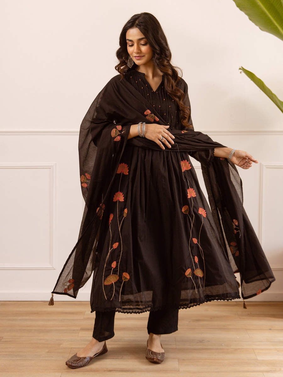 Black Mul Chanderi Anarkali Kurta Pants Dupatta Set