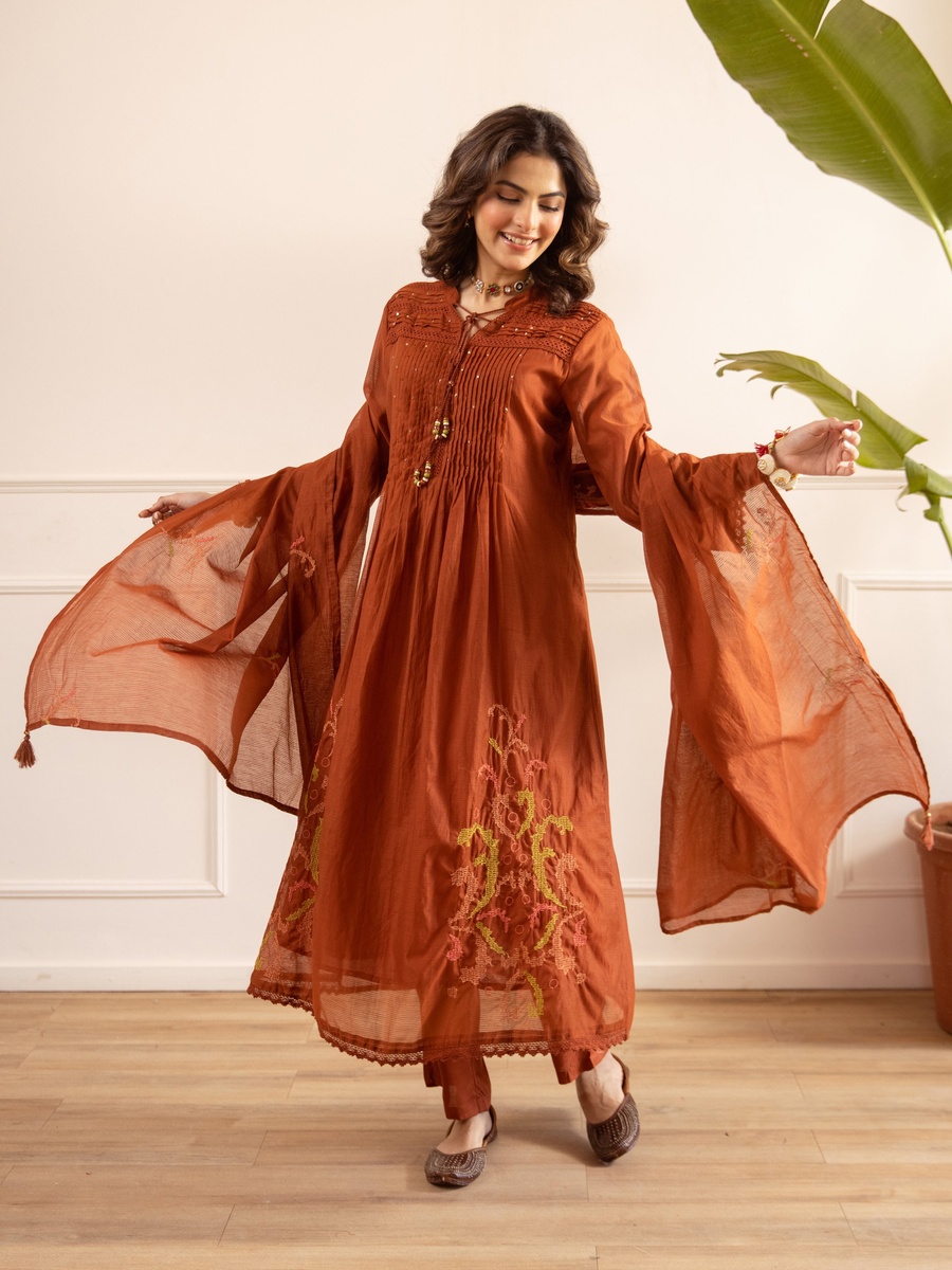 Rust Brown Mul Chanderi Gathered Anarkali Kurta Pants Dupatta Set