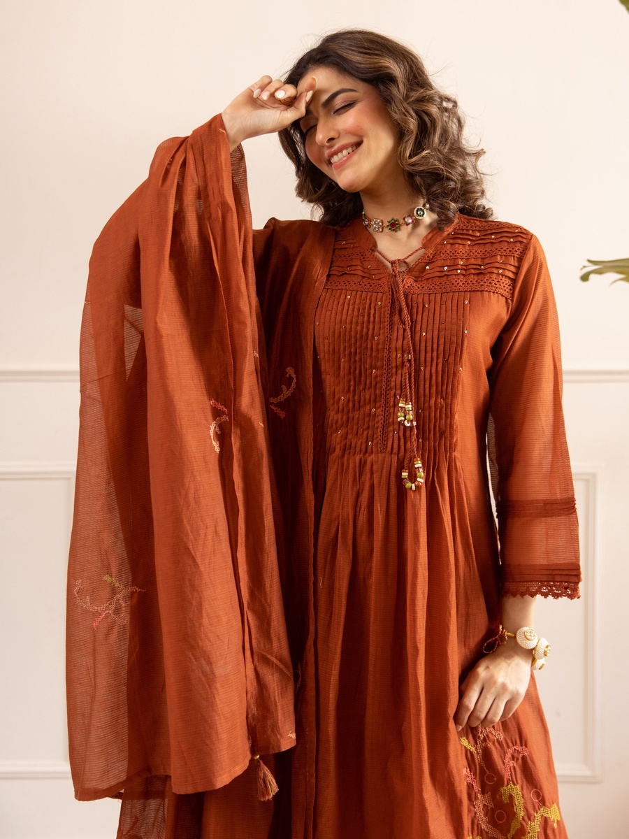 Rust Brown Mul Chanderi Gathered Anarkali Kurta Pants Dupatta Set