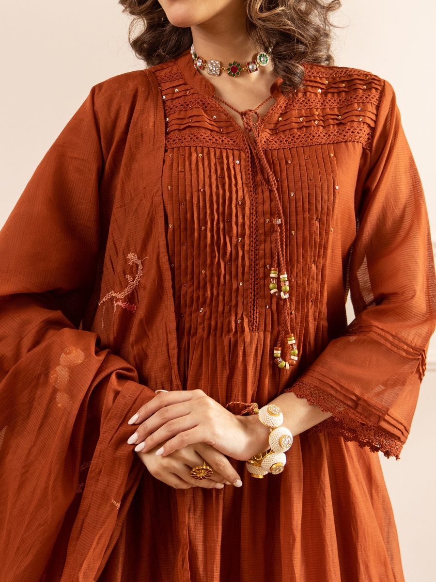 Rust Brown Mul Chanderi Gathered Anarkali Kurta Pants Dupatta Set