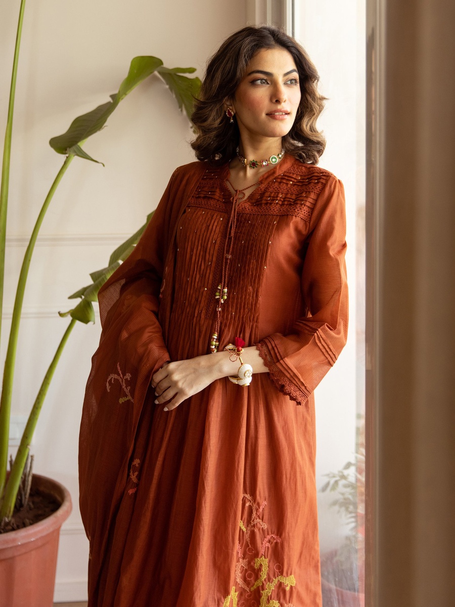 Rust Brown Mul Chanderi Gathered Anarkali Kurta Pants Dupatta Set