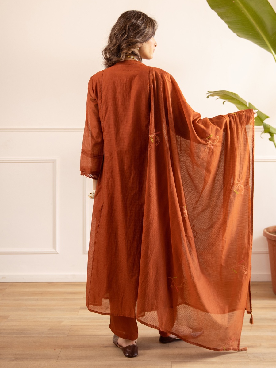 Rust Brown Mul Chanderi Gathered Anarkali Kurta Pants Dupatta Set