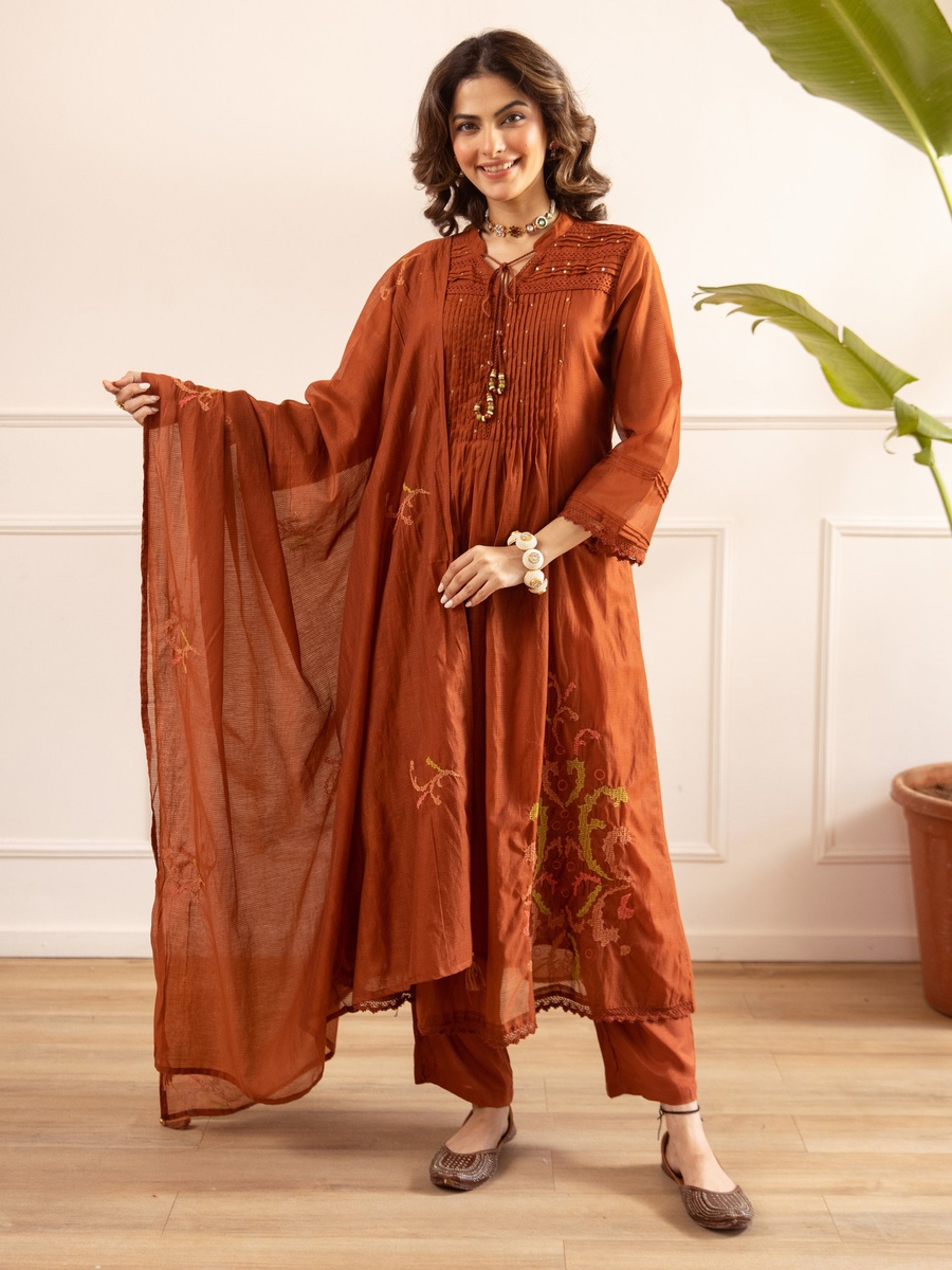 Rust Brown Mul Chanderi Gathered Anarkali Kurta Pants Dupatta Set