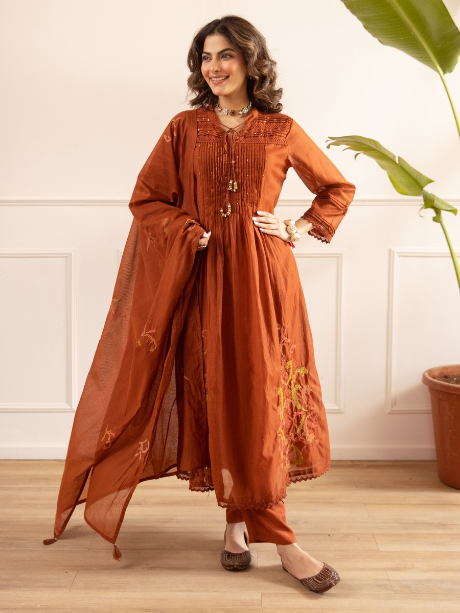 Rust Brown Mul Chanderi Gathered Anarkali Kurta Pants Dupatta Set