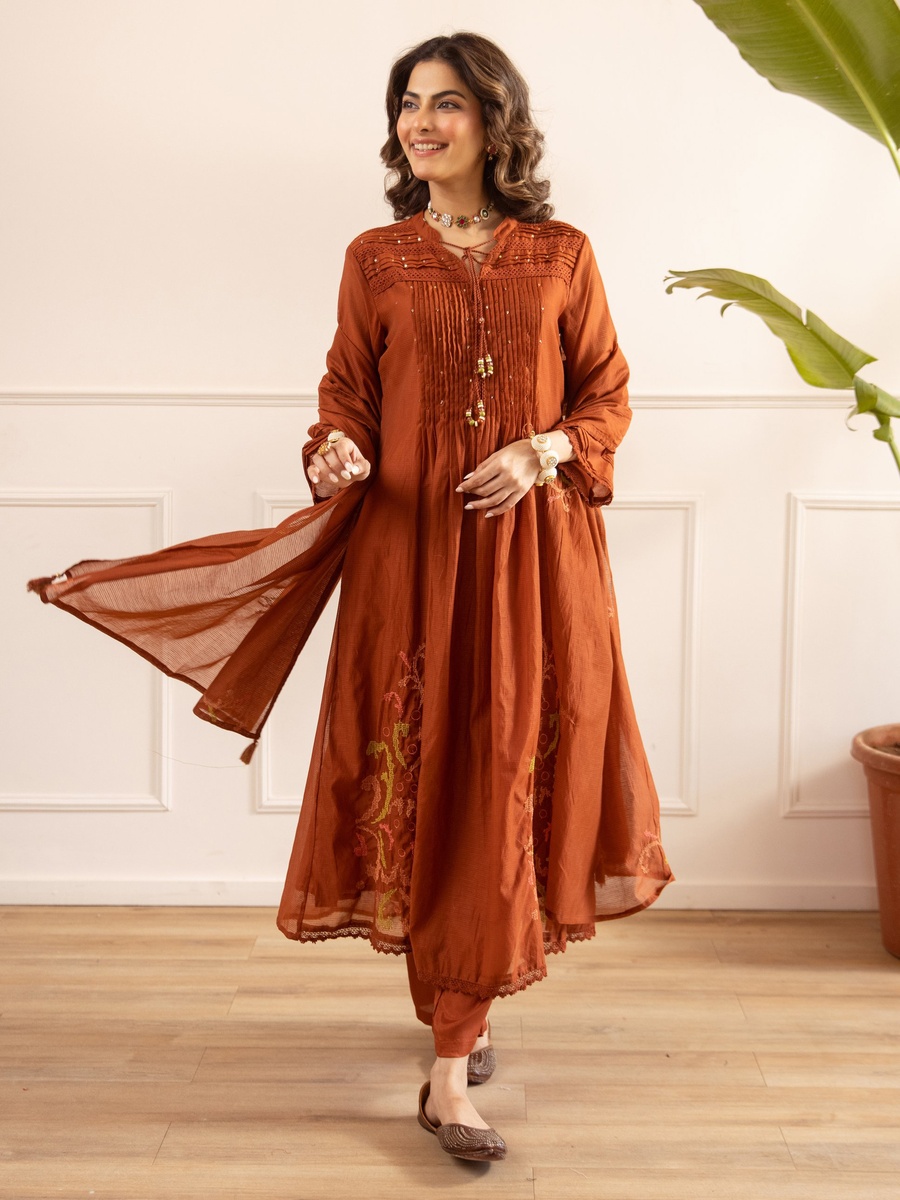 Rust Brown Mul Chanderi Gathered Anarkali Kurta Pants Dupatta Set