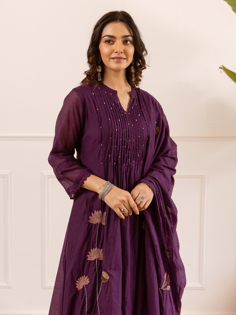 Purple Mul Chanderi Anarkali Kurta Pants Dupatta Set