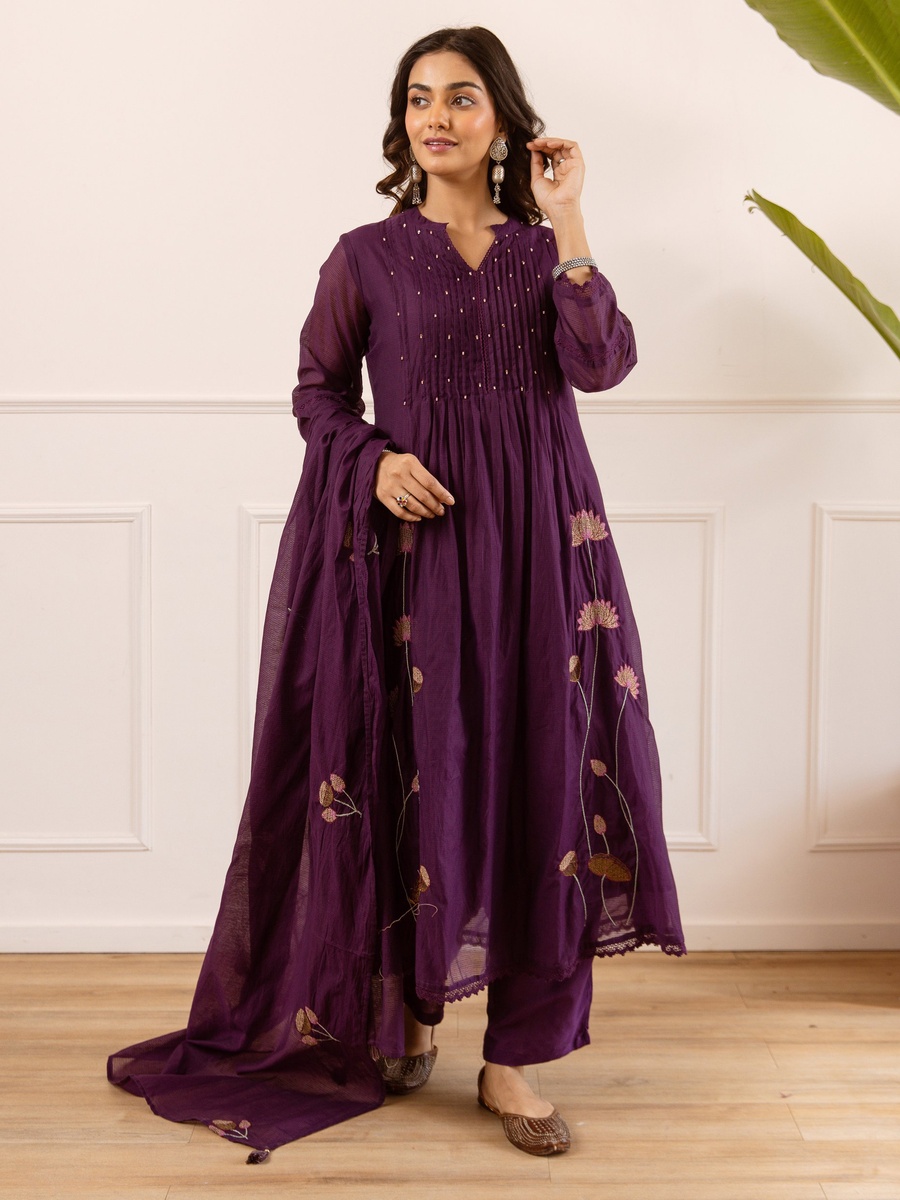 Purple Mul Chanderi Anarkali Kurta Pants Dupatta Set
