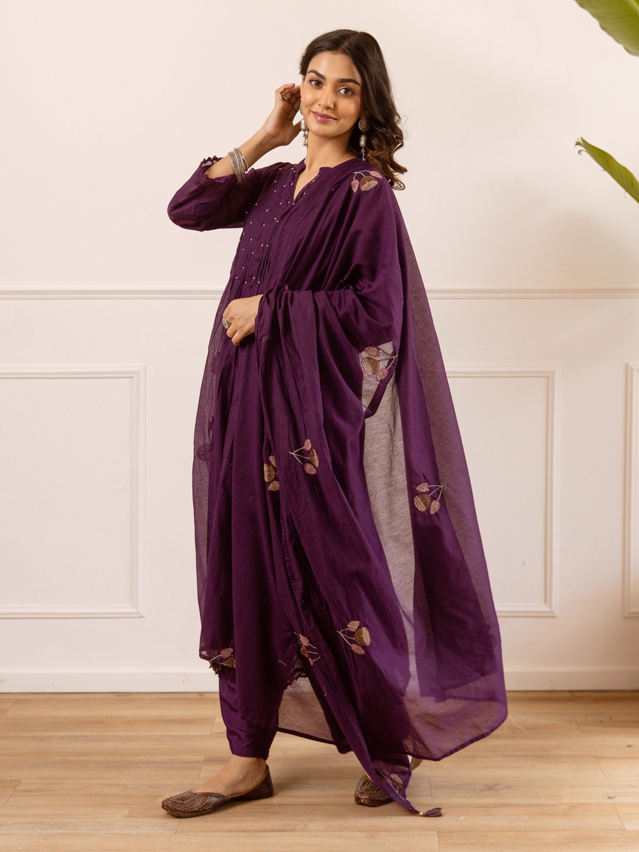 Purple Mul Chanderi Anarkali Kurta Pants Dupatta Set