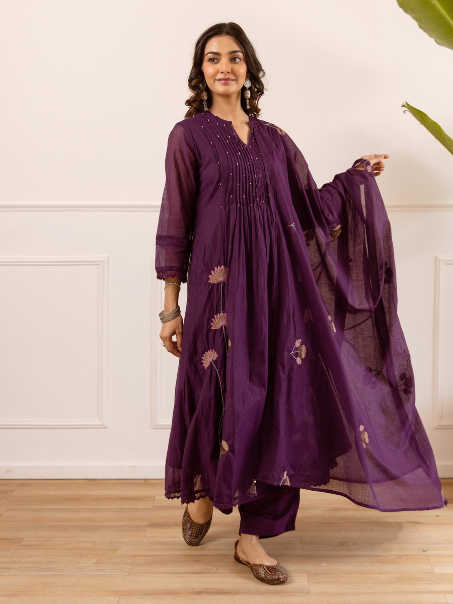 Purple Mul Chanderi Anarkali Kurta Pants Dupatta Set