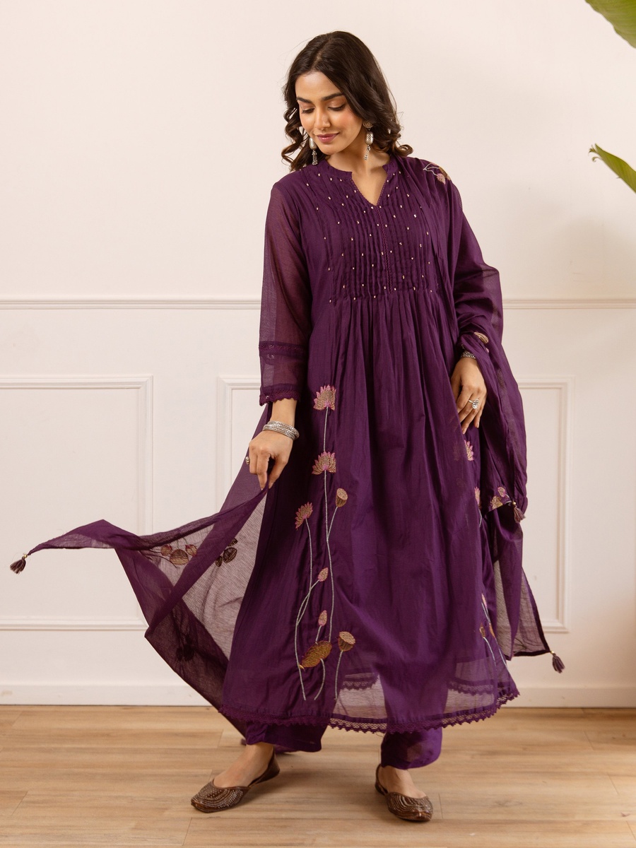 Purple Mul Chanderi Anarkali Kurta Pants Dupatta Set