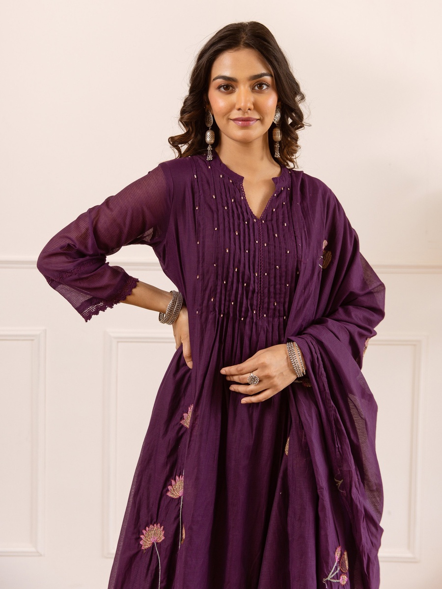 Purple Mul Chanderi Anarkali Kurta Pants Dupatta Set