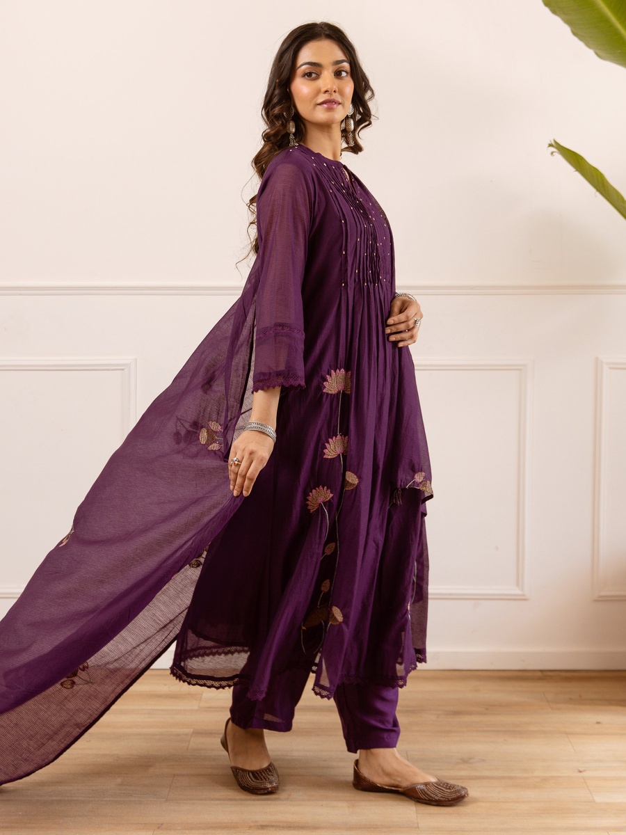 Purple Mul Chanderi Anarkali Kurta Pants Dupatta Set