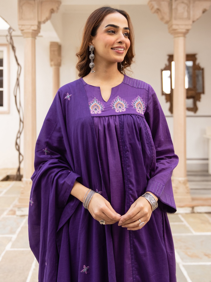 Purple Embroidered Cotton Anarkali Kurta Pants Dupatta Set