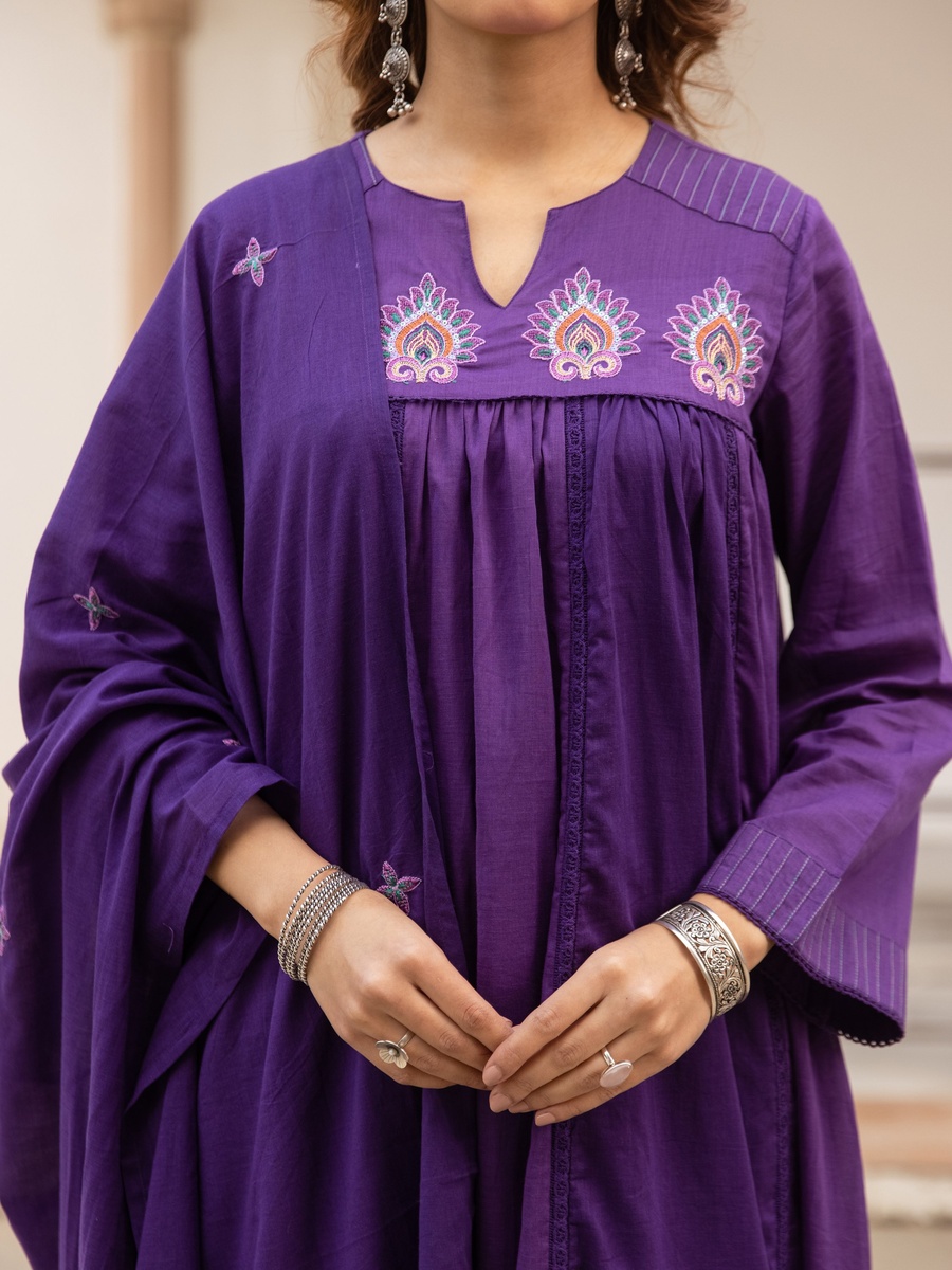 Purple Embroidered Cotton Anarkali Kurta Pants Dupatta Set
