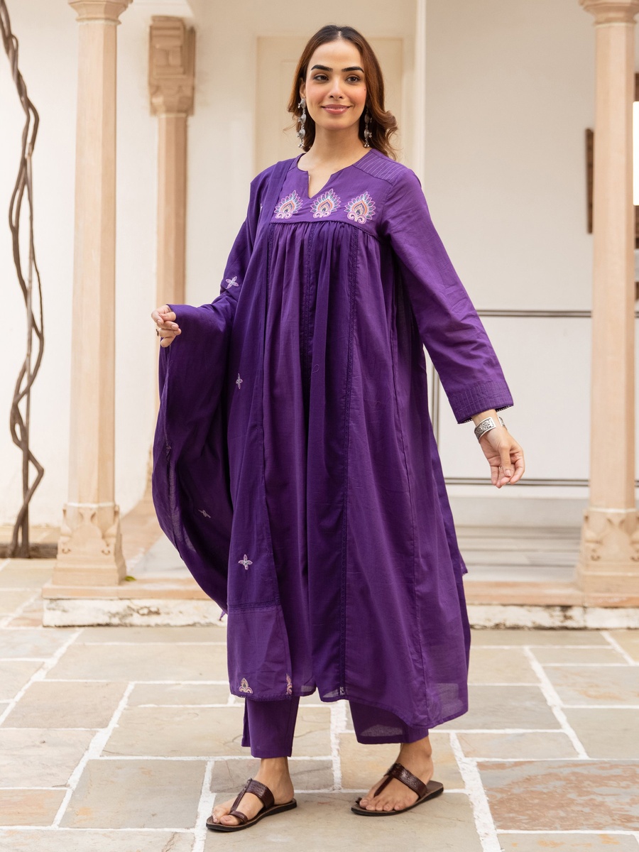 Purple Embroidered Cotton Anarkali Kurta Pants Dupatta Set