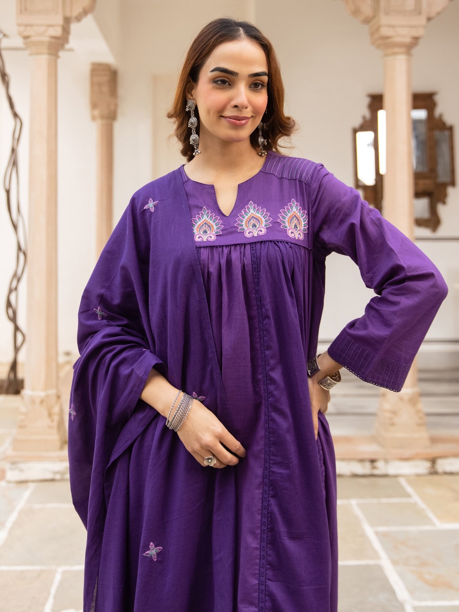 Purple Embroidered Cotton Anarkali Kurta Pants Dupatta Set