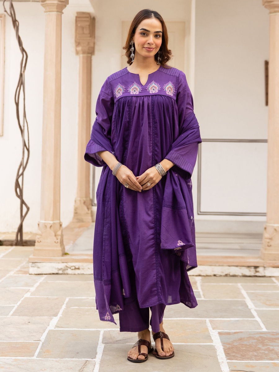 Purple Embroidered Cotton Anarkali Kurta Pants Dupatta Set