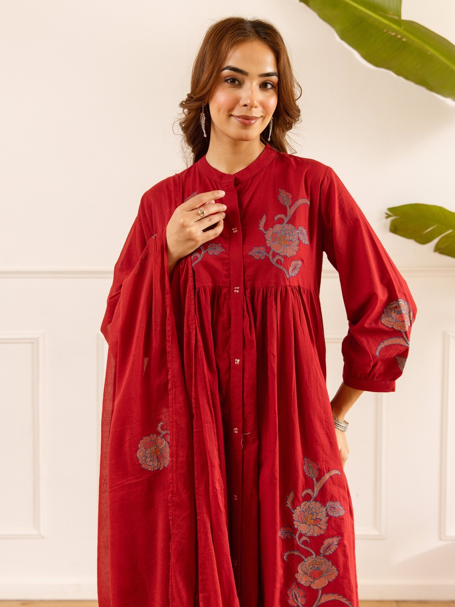 Red Embroidered Cotton Anarkali Kurta Pants Dupatta Set