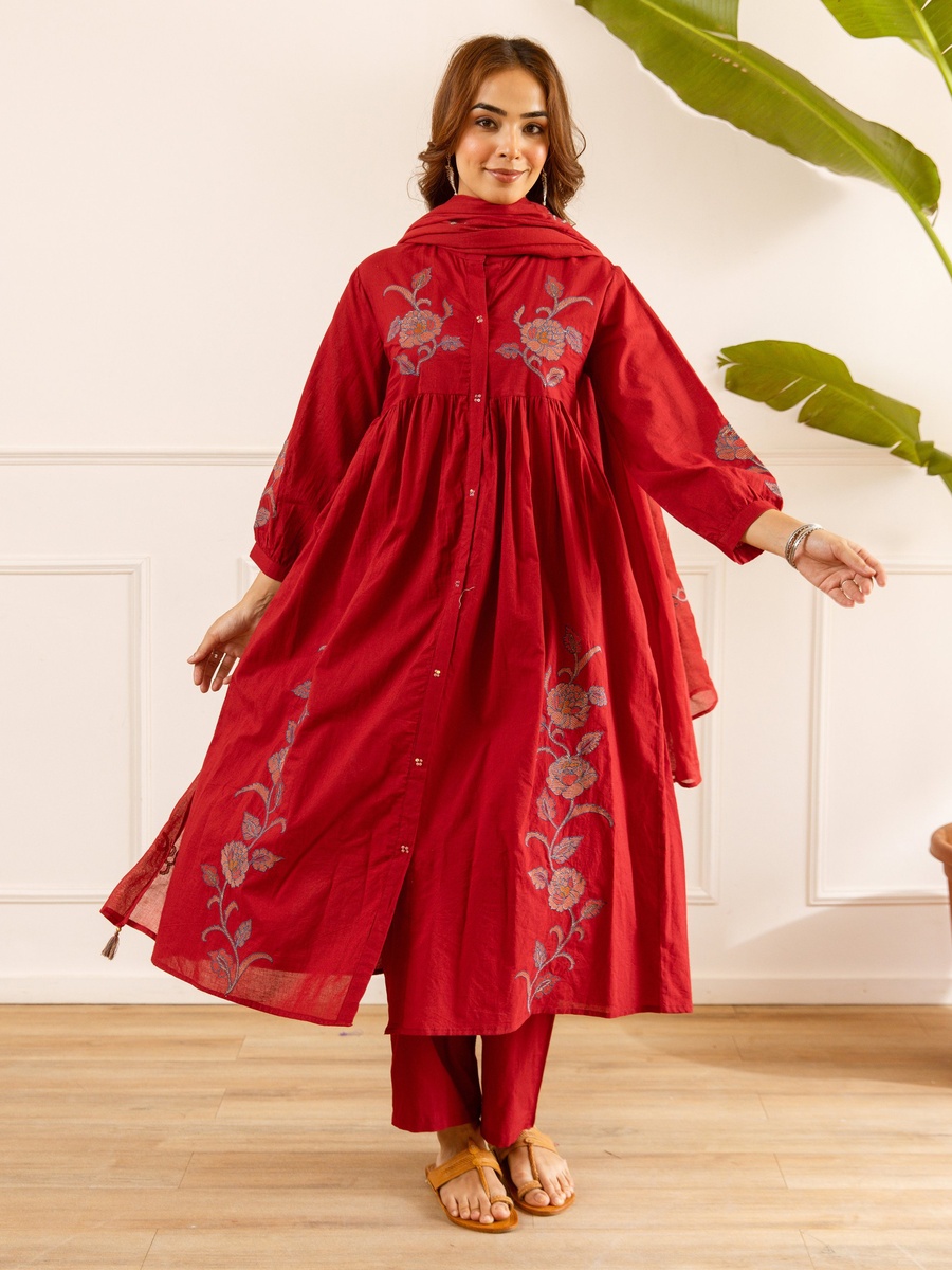 Red Embroidered Cotton Anarkali Kurta Pants Dupatta Set