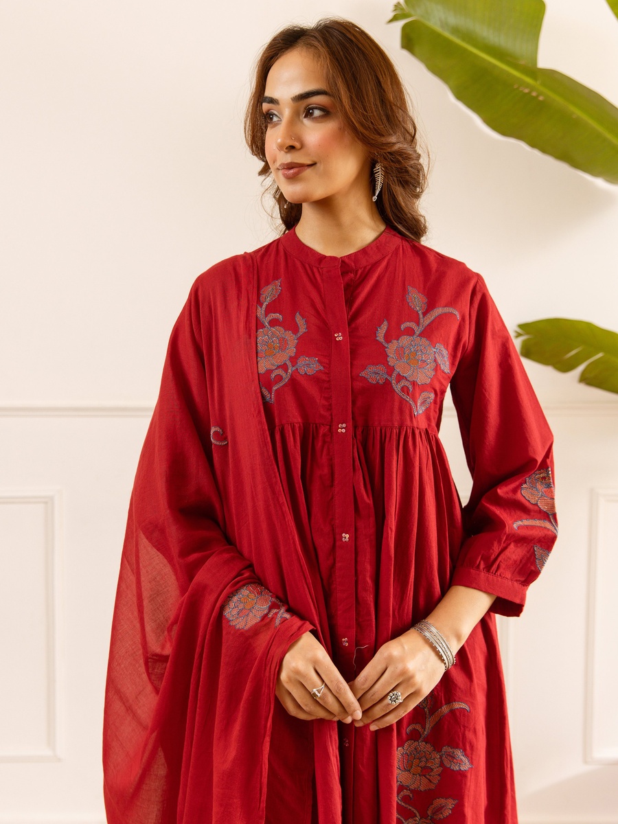 Red Embroidered Cotton Anarkali Kurta Pants Dupatta Set