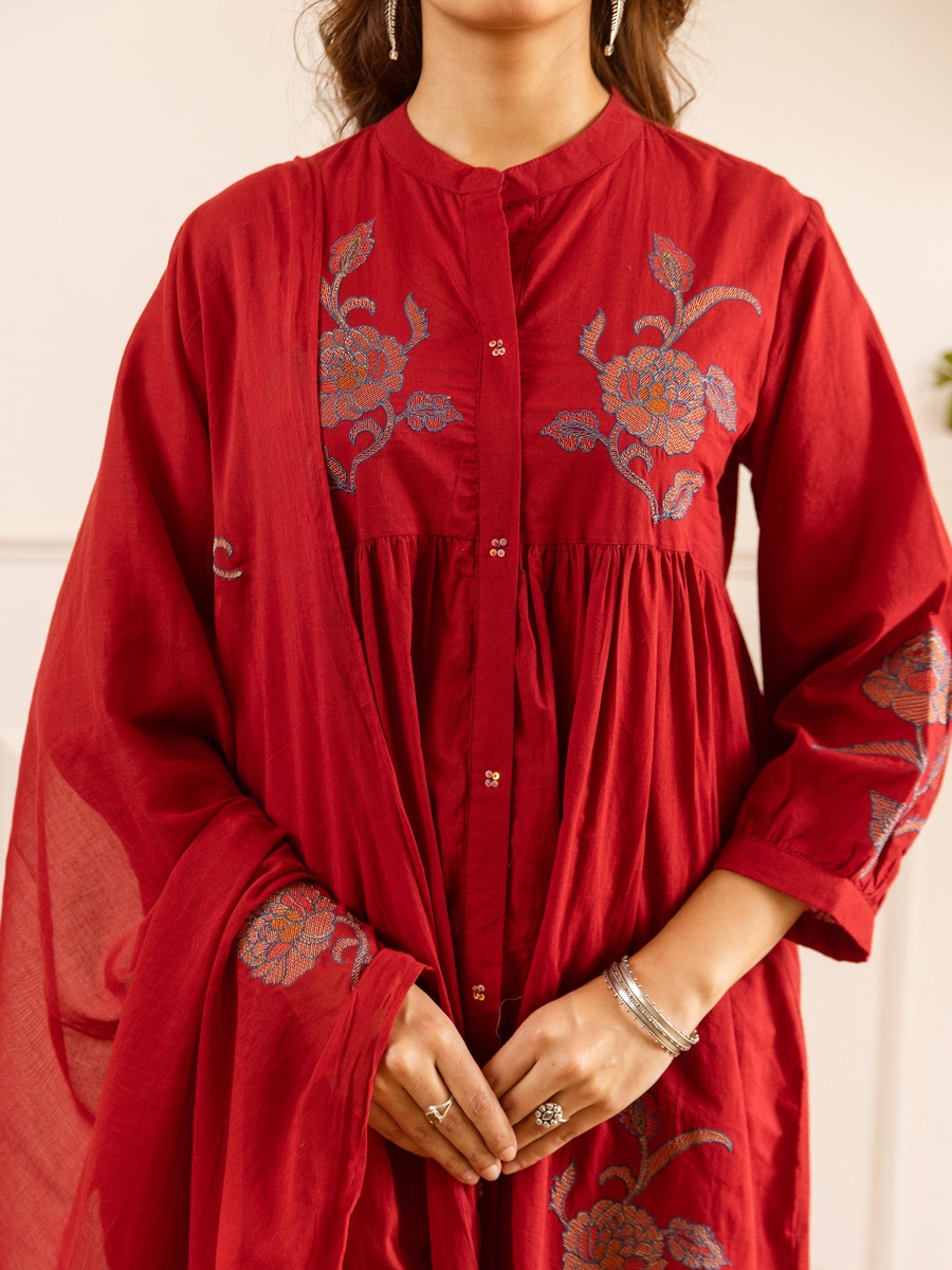 Red Embroidered Cotton Anarkali Kurta Pants Dupatta Set