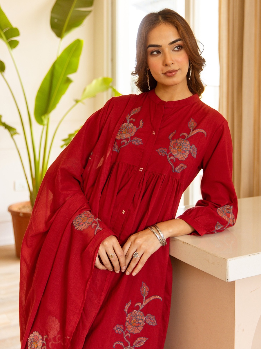 Red Embroidered Cotton Anarkali Kurta Pants Dupatta Set