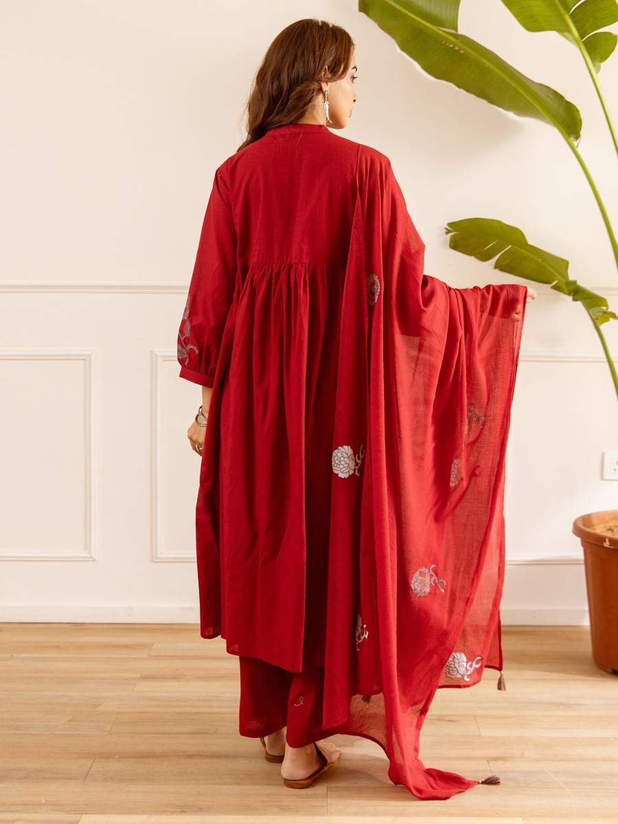 Red Embroidered Cotton Anarkali Kurta Pants Dupatta Set