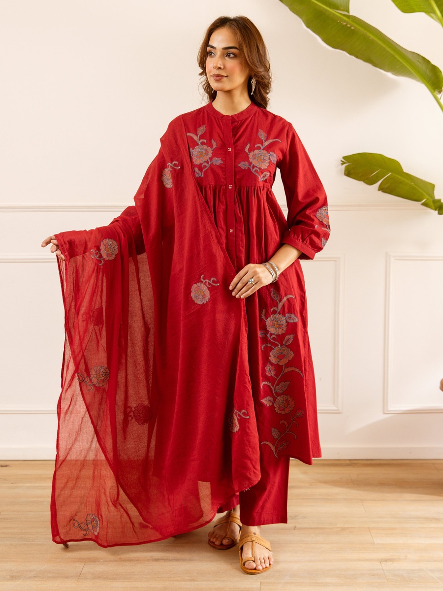 Red Embroidered Cotton Anarkali Kurta Pants Dupatta Set