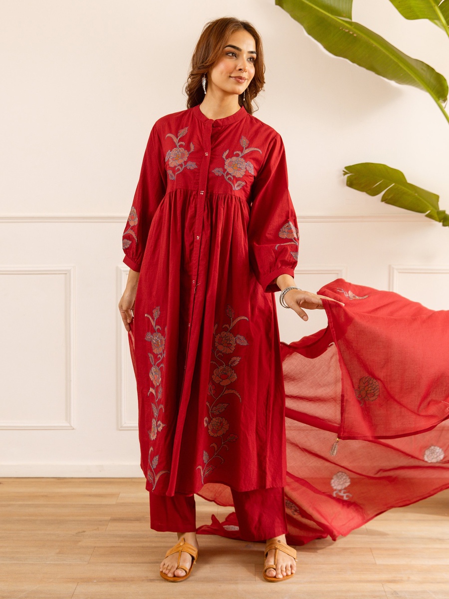 Red Embroidered Cotton Anarkali Kurta Pants Dupatta Set