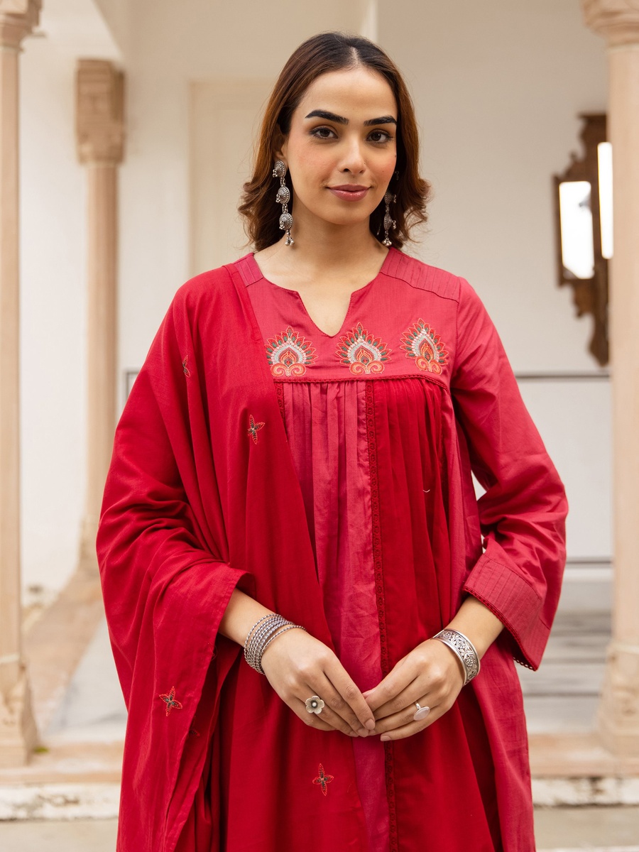 Red Embroidered Cotton Anarkali Kurta Pants Dupatta Set