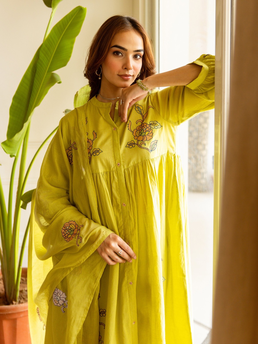 Yellow Embroidered Cotton Anarkali Kurta Pants Dupatta Set