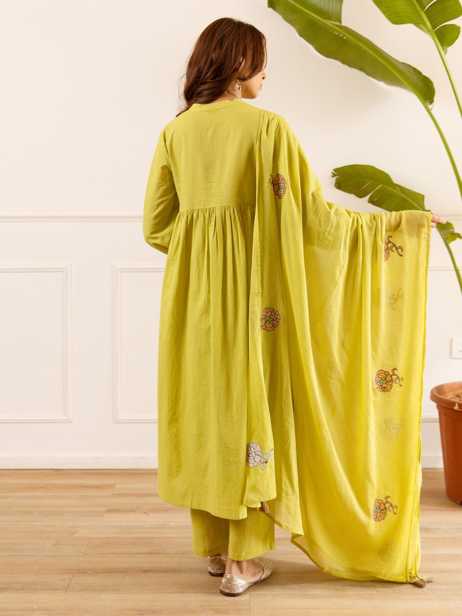 Yellow Embroidered Cotton Anarkali Kurta Pants Dupatta Set