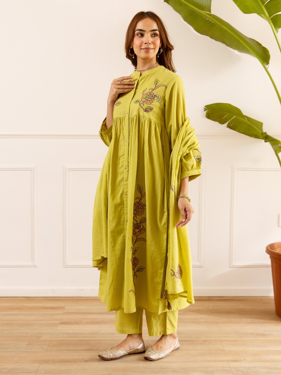 Yellow Embroidered Cotton Anarkali Kurta Pants Dupatta Set
