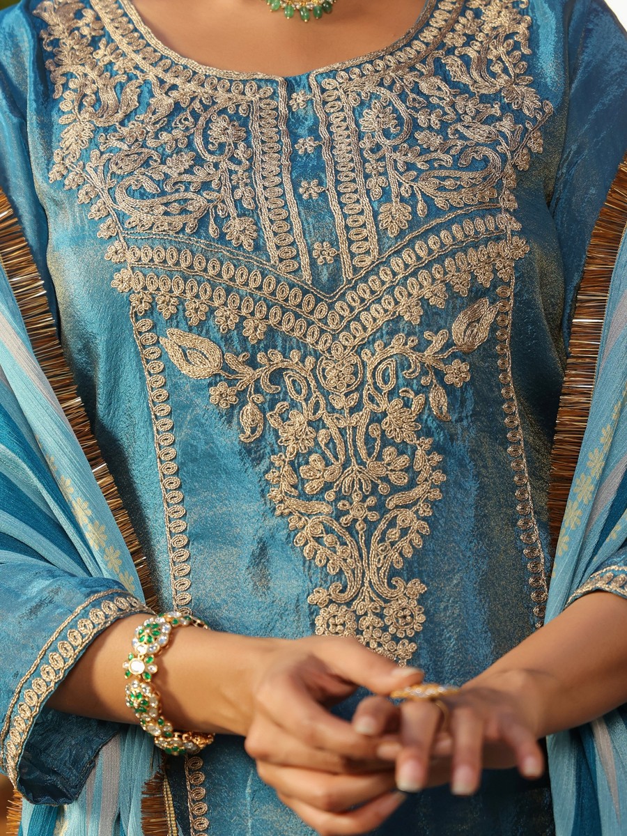 Blue Shimmer Tissue Straight Kurta Pants Dupatta Set