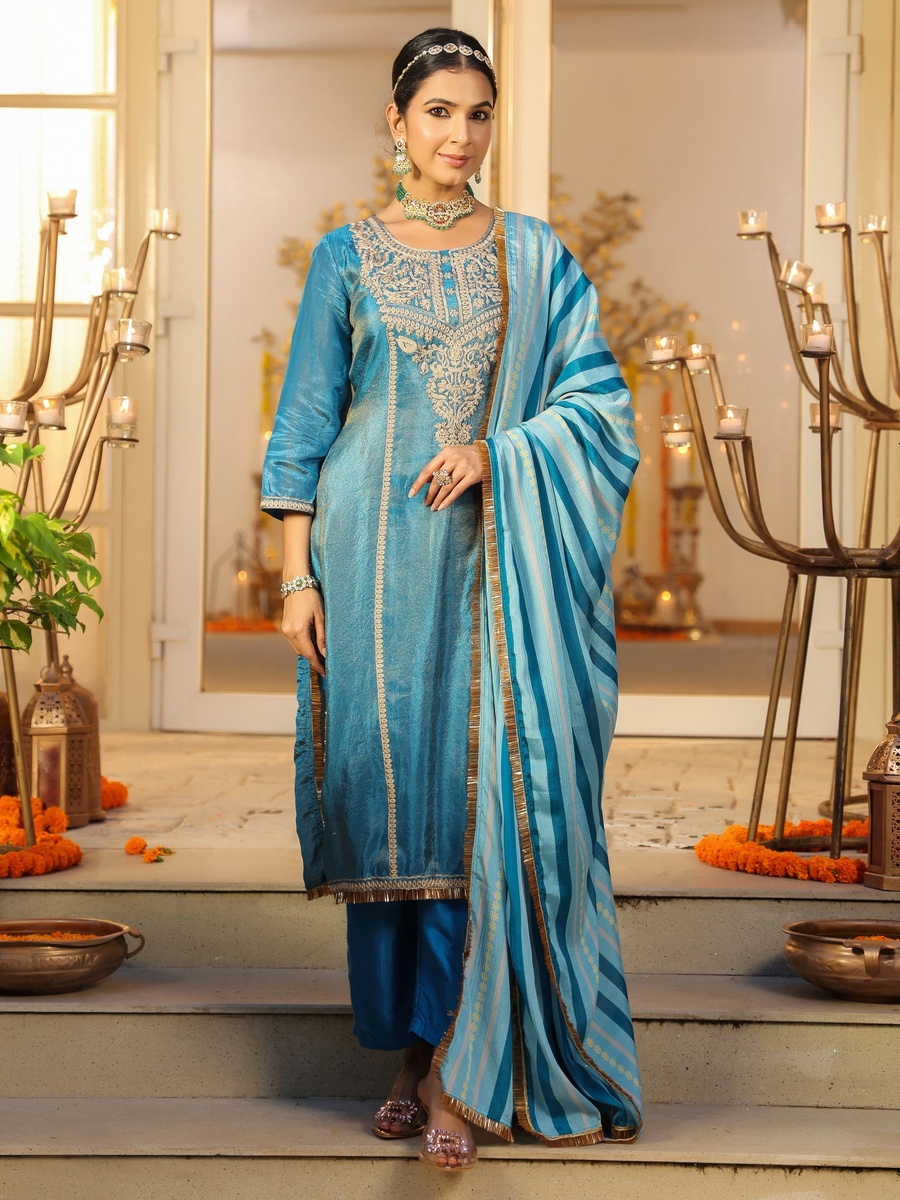 Blue Shimmer Tissue Straight Kurta Pants Dupatta Set