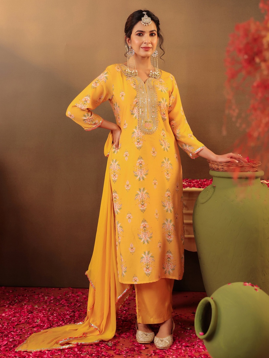 Yellow Chanderi Silk Straight Kurta Pants Set with Chiffon Dupatta