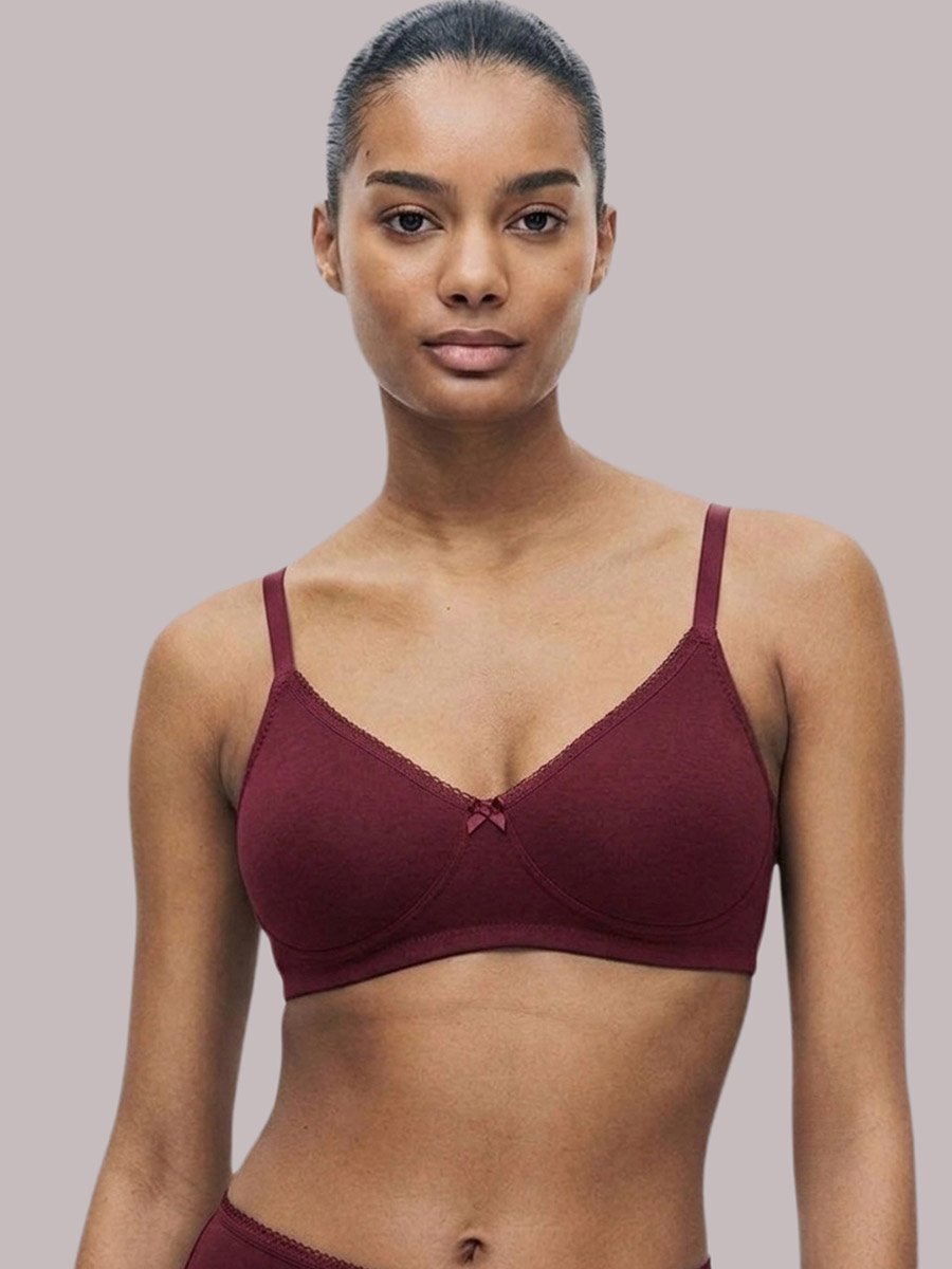 Maroon Solid Cotton Non-Padded Comfort T-Shirt Bra