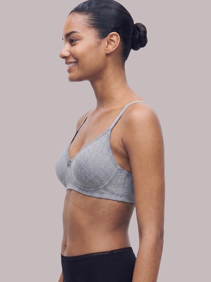 Grey Solid Cotton Non-Padded Comfort T-Shirt Bra