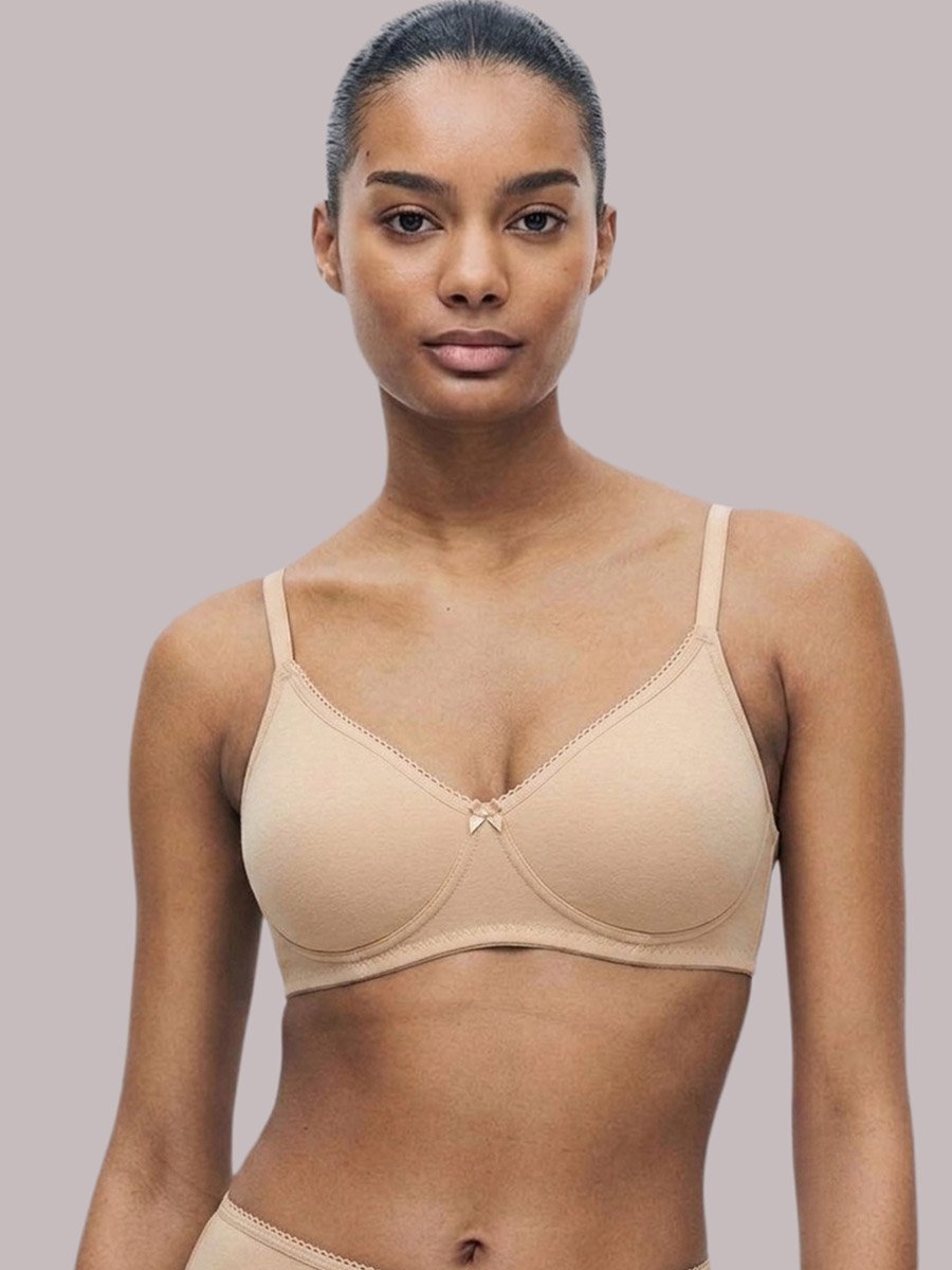 Beige Solid Cotton Non-Padded Comfort T-Shirt Bra