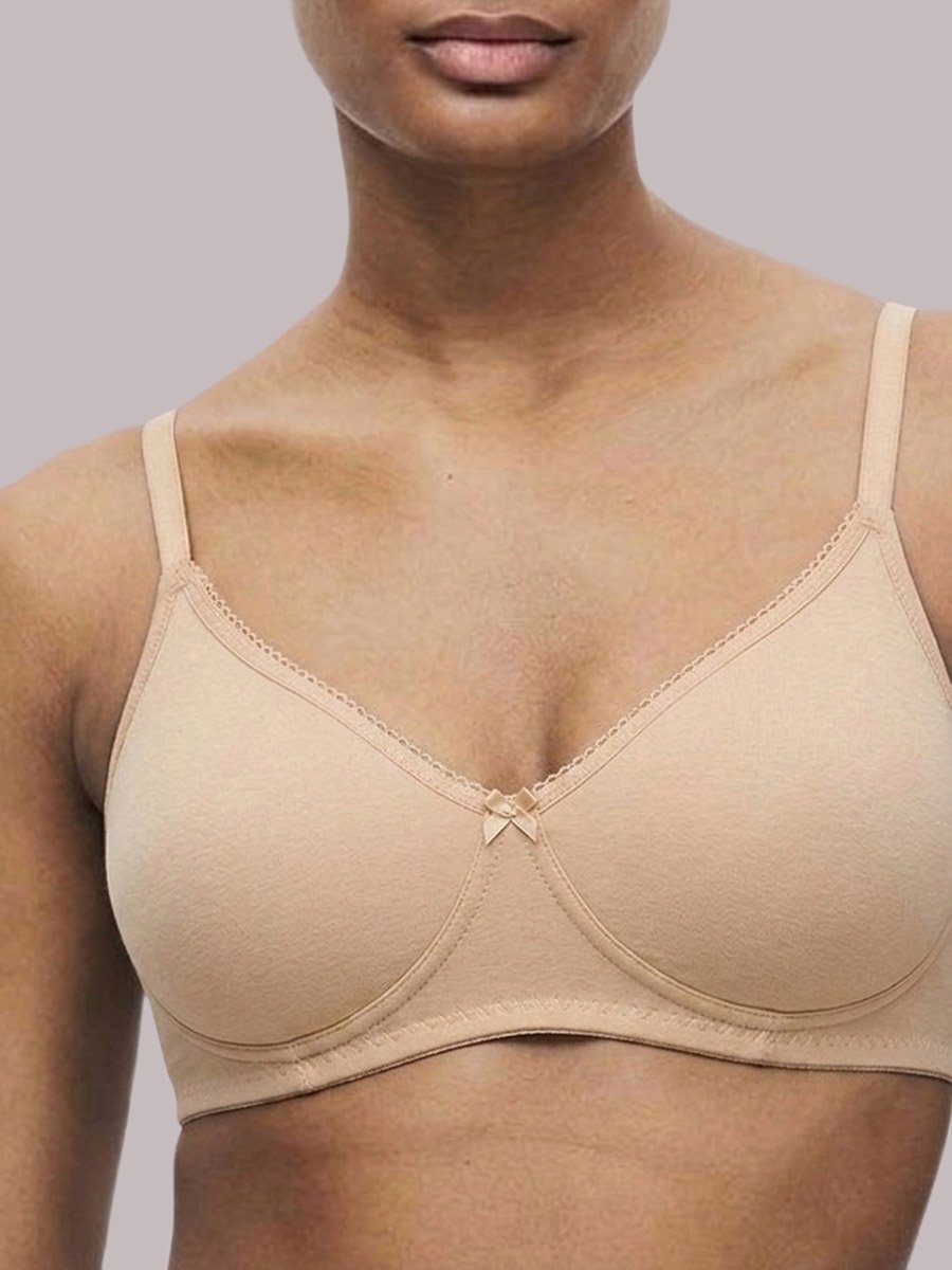 Beige Solid Cotton Non-Padded Comfort T-Shirt Bra