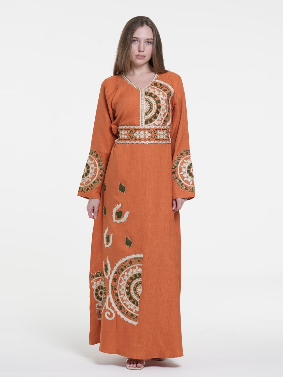 Linen Belted Embroidered Jalabiya