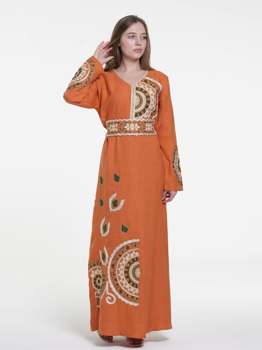 Linen Belted Embroidered Jalabiya