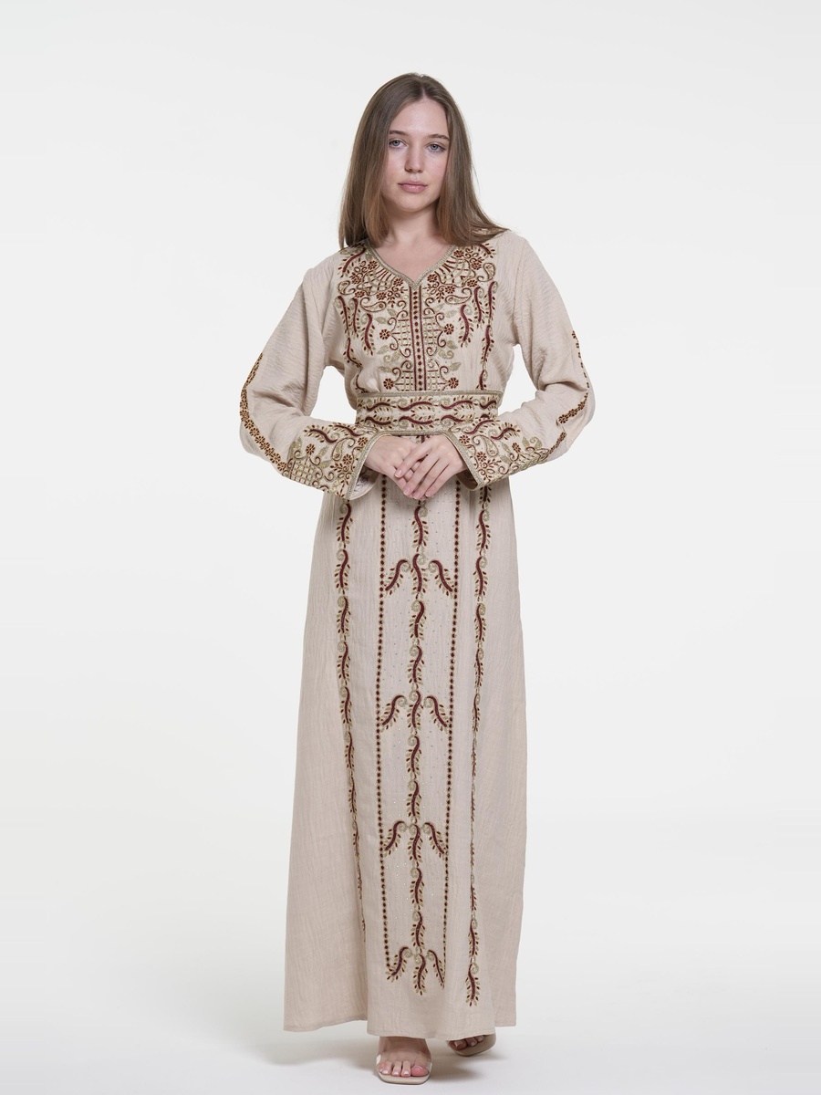 Linen Belted Embroidered Jalabiya