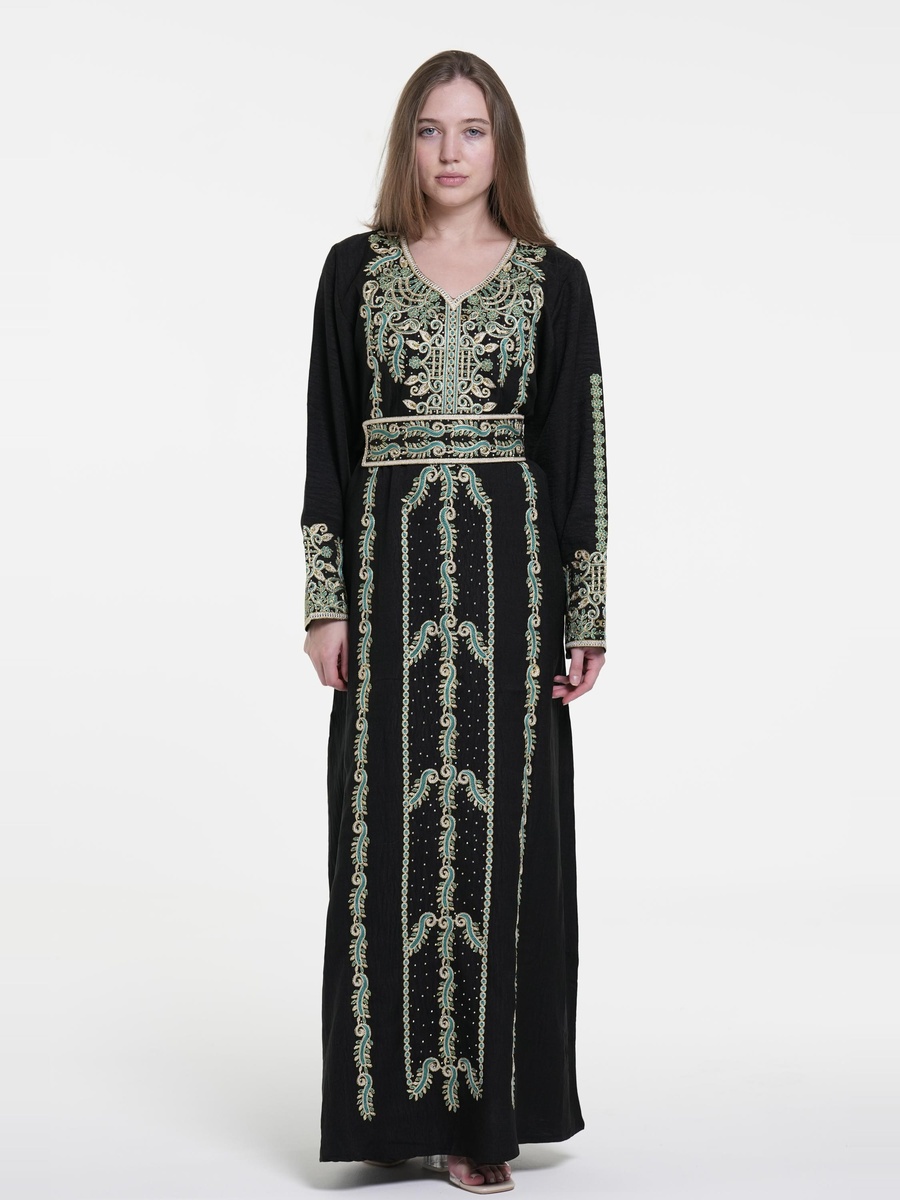 Linen Belted Embroidered Jalabiya