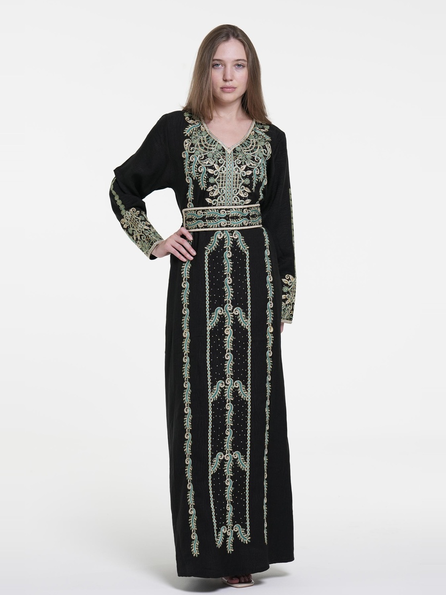 Linen Belted Embroidered Jalabiya