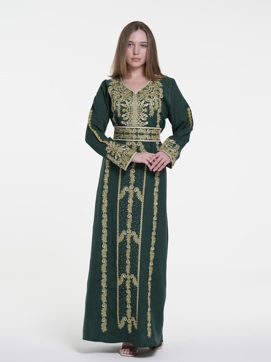 Linen Belted Embroidered Jalabiya