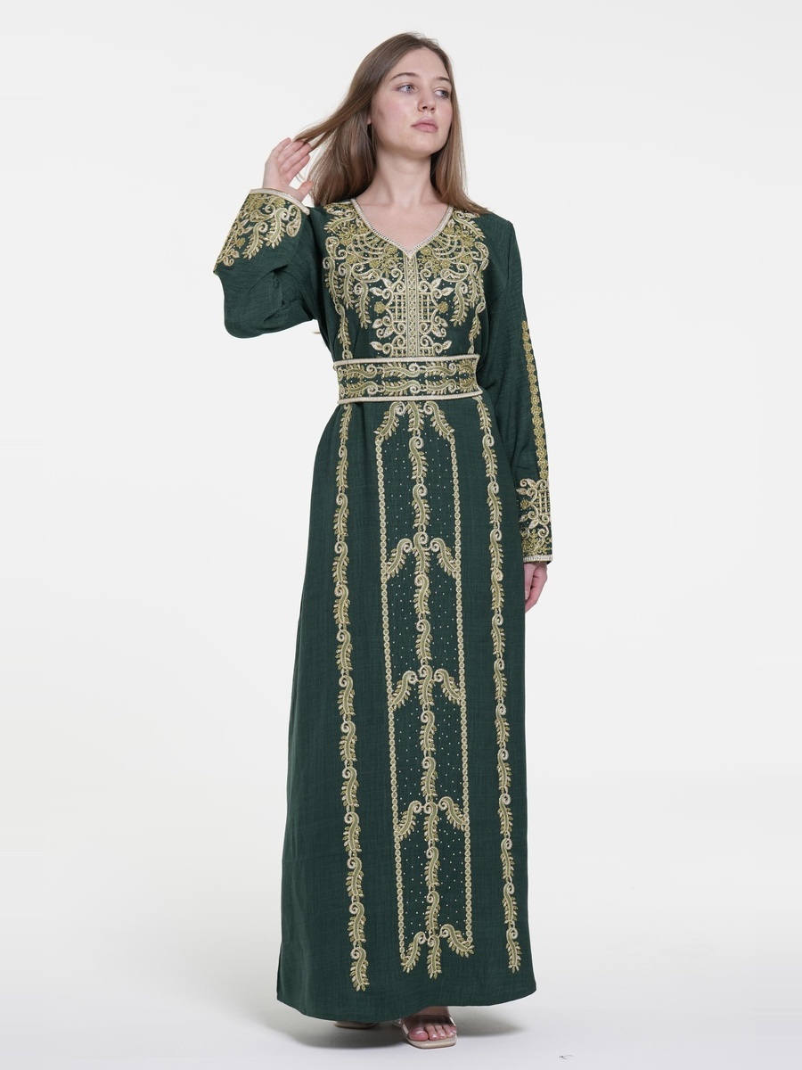 Linen Belted Embroidered Jalabiya