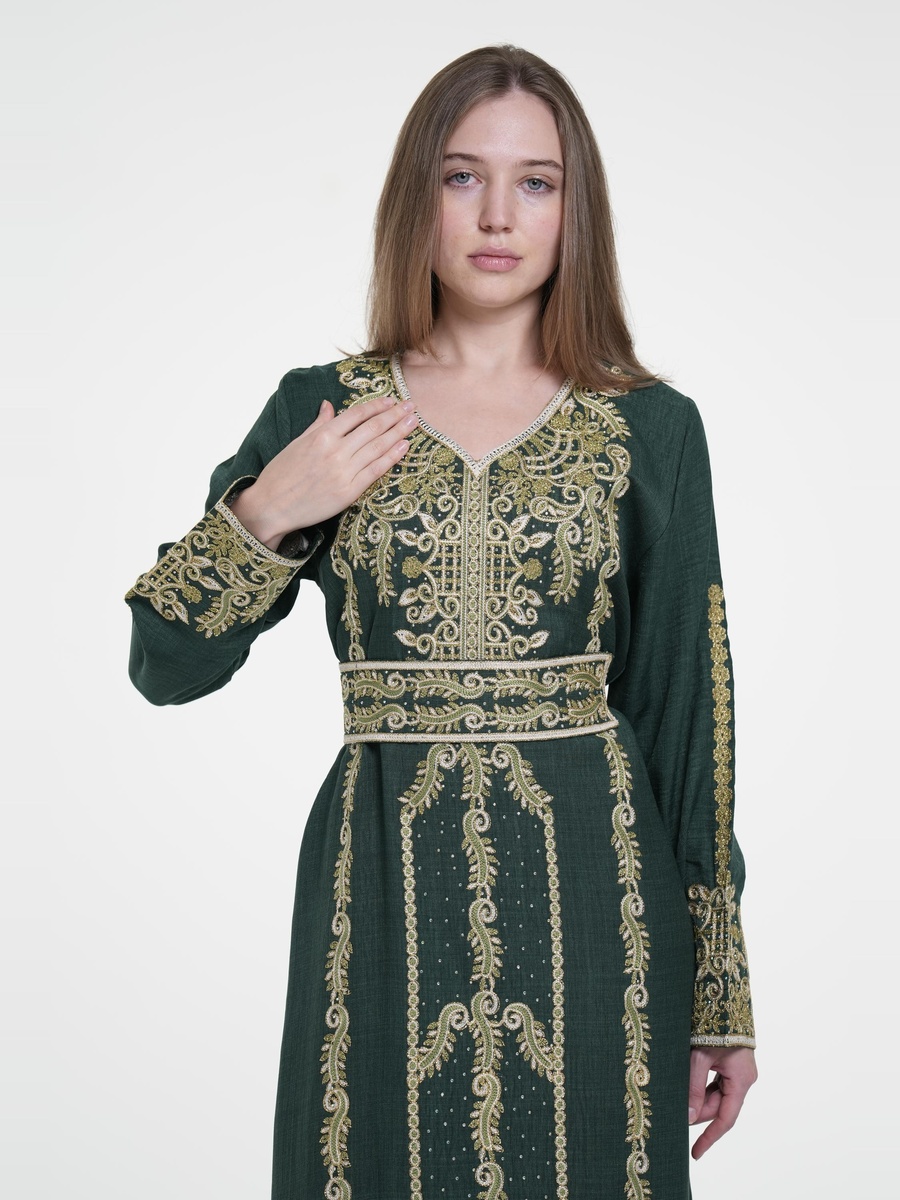Linen Belted Embroidered Jalabiya