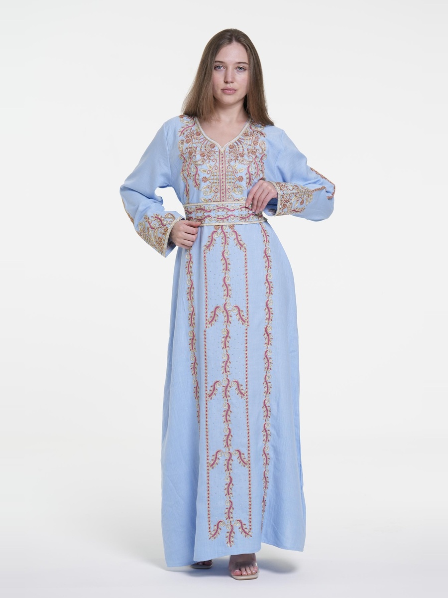 Linen Belted Embroidered Jalabiya