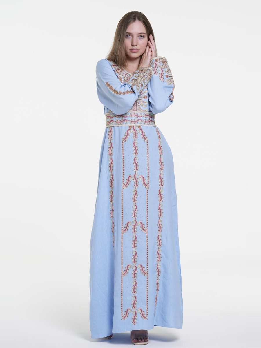 Linen Belted Embroidered Jalabiya